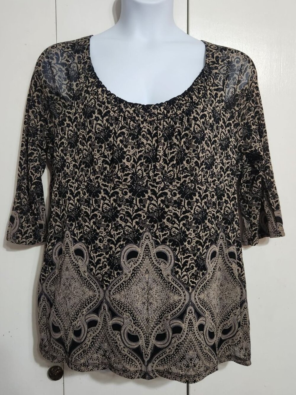 Lizwear Women Size XXL Top Boho Damask Floral Mesh Blouse Black Tan 3/4 Sleeve